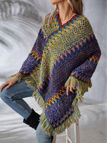 Poncho Tejido Chal De Punto Tapado Mujer