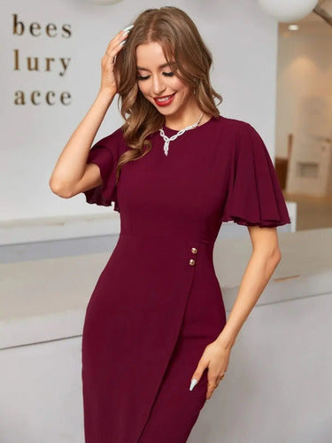 Vestido Gasa Largo Ajustado Cuello Redondo Va 498 Rojo M