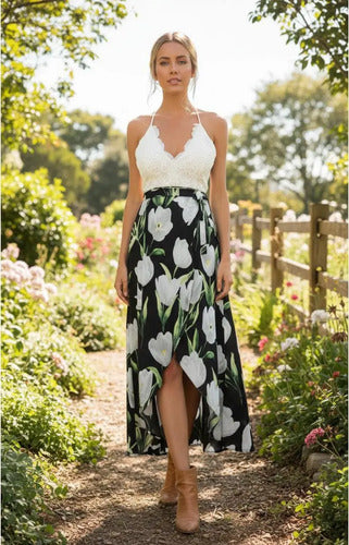 Vestido Azul Con Encaje Blanco Va 204