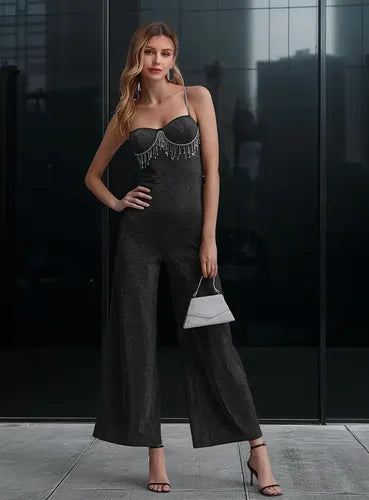 Mono gris de fiesta de una pieza con pantalón, corte elegante