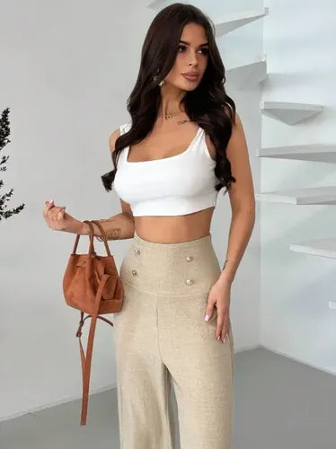 Pantalon Mujer Cintura Alta Pierna Ancha Pt 14 Beige Xs