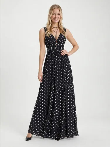 Vestido largo lunares negro escote V