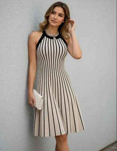 Vestido De Punto Ajustado Jersey Canalé  Vt 14 Beige M