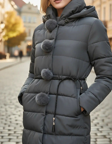 Parka Mujer Acolchada Con Cinturón Y Capuchón Gris Gris S