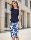 Vestido Azul Flor Azul Peplum Sin Manga Va 161