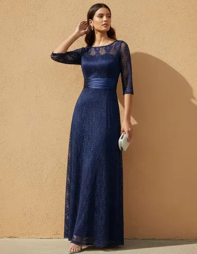 Vestido largo de fiesta multicolor evasé en encaje