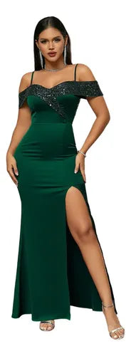Vestido Fiesta Largo Matrimonio Verde Lentejuela Ep 419