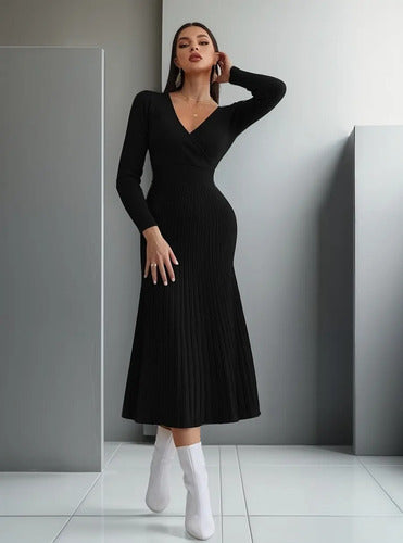 Vestido De Punto Cuello Cruzado Jersey Canalé Vt 01