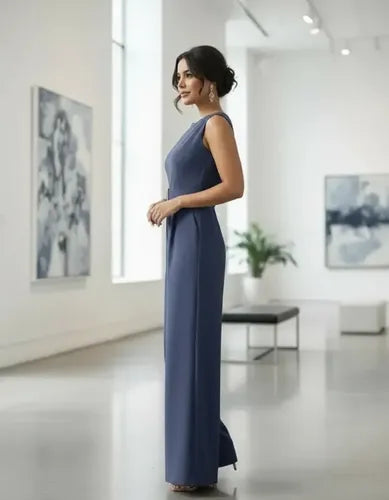 Mono de fiesta azul plomizo sin mangas y largo