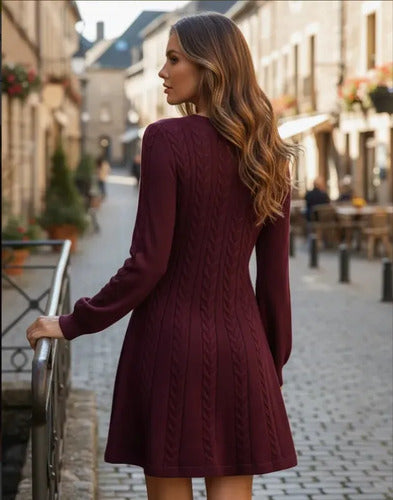 Vestido corto rojo punto jersey manga larga escote V