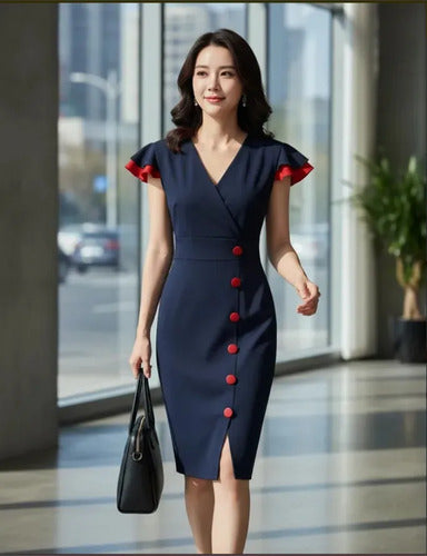 Vestido Formal Azul Marino Oficina Modelo Va 336 Azul L