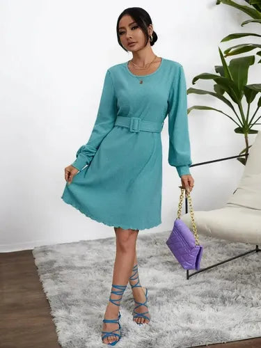 Vestido Con Cinturón Manga Larga Vintage Va 519 Turquesa M