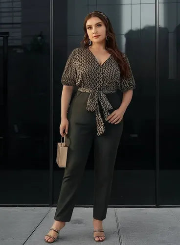 Entero Jumpsuit Talla Grande Escote Cruzado Cinturón Vg 202