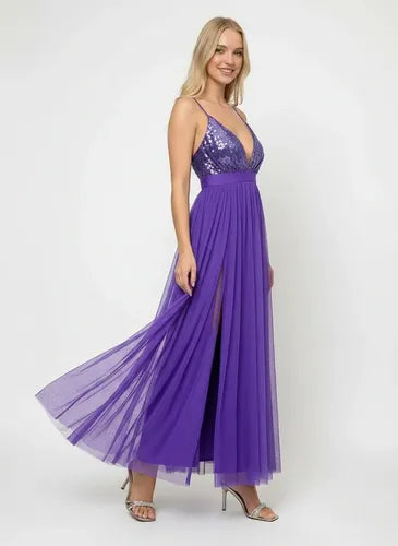 Vestido largo multicolor tul y lentejuelas evasé