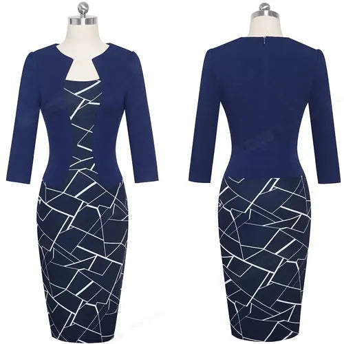 Vestido Formal Azul Coctel Oficina Manga 3/4 Va 421