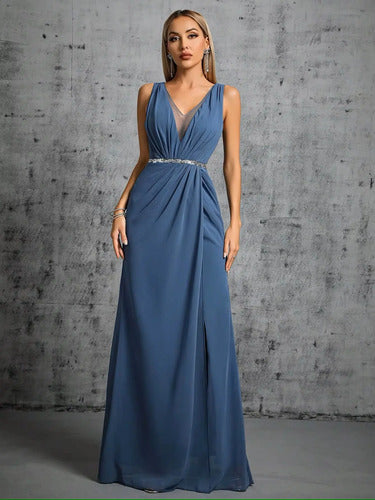Vestido Largo Mujer Fiesta Escote V Abertura Alta Ep 237 Azul L