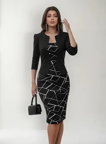 Vestido Formal Azul Coctel Oficina Manga 3/4 Va 421