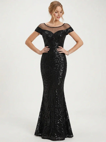 Vestido largo de fiesta negro corte sirena con lentejuelas