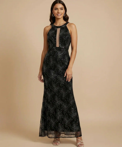 Vestido largo negro lentejuelas cuello halter de gala