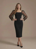 Vestido midi negro formal manga larga corte tubo noche