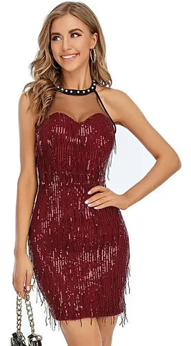 Vestido Corto Fiesta Lentejuelas Burdeo Vl 39