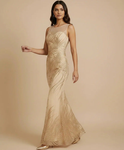 Vestido largo sirena beige hombros descubiertos