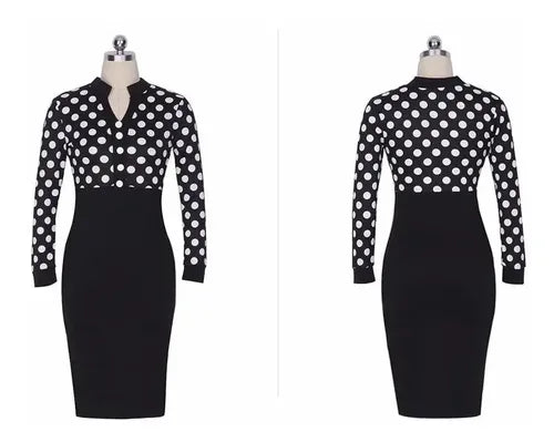 Vestido Negro Lunares Manga Larga Va 212 Negro L