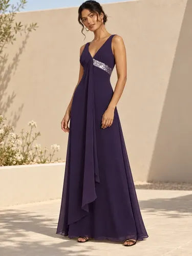 Vestido largo negro y violeta en gasa escote V