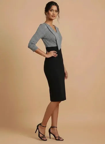 Vestido midi blanco y gris bodycon escote cruzado
