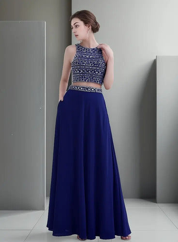 Vestido Graduación Crop Top Falda Azul Burdeo Ep 303