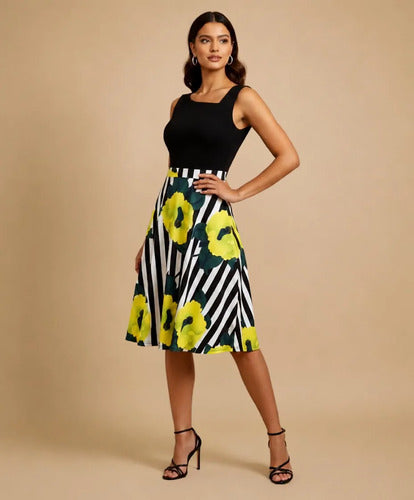 Vestido midi floral negro y verde acampanado grande