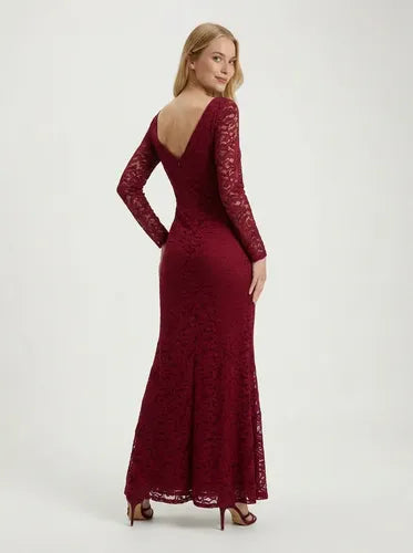 Vestido largo encaje ajustado manga larga