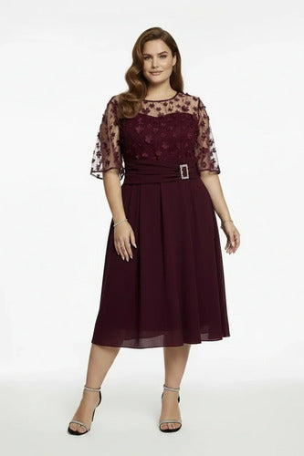 Vestido midi burdeo manga 3/4 cuello redondo talla grande