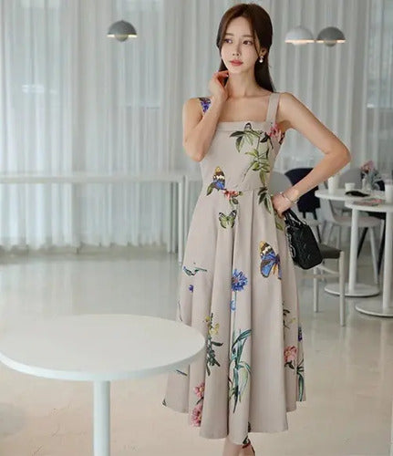 Vestido Estampado Forrado Espalda Descubierta Calidad Vd 87 Beige Xl