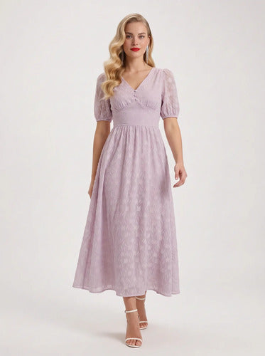 Vestido midi rosa con escote V romántico vintage