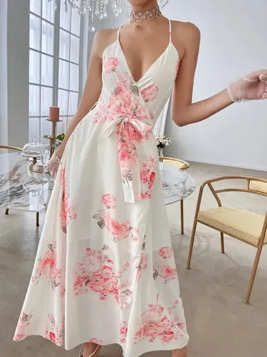 Vestido Gasa Floral Escote Forrado Fiesta Graduación Vd 106 Blanco S