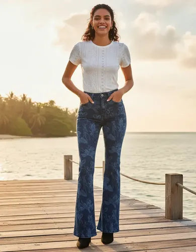 Pantalón Jeans Mujer Pierna Ancha Estampado Pt 17 Azul 27