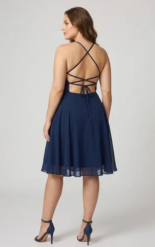 Vestido corto azul y burdeo gasa escote halter