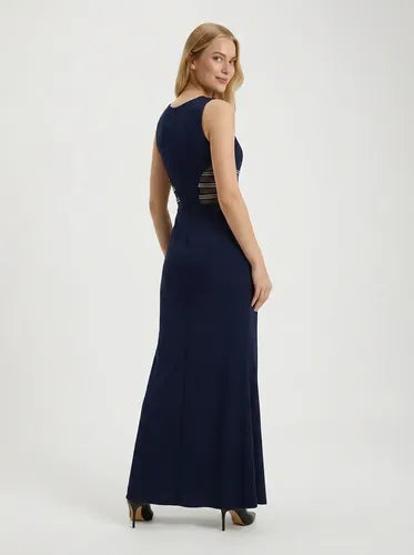 Vestido largo azul sirena sin mangas para fiesta