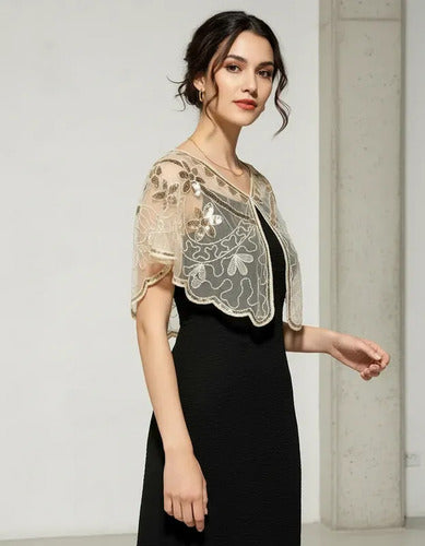 Bolero tipo chal beige y negro con lentejuelas