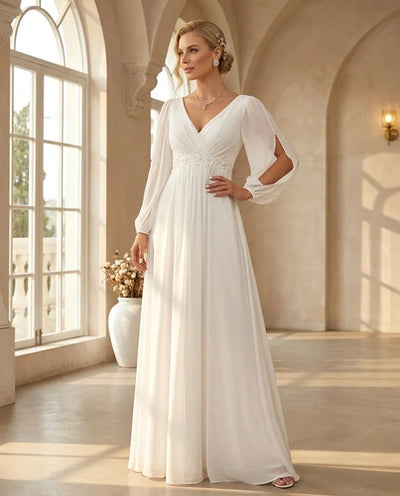 Vestido de novia evasé escote V manga larga