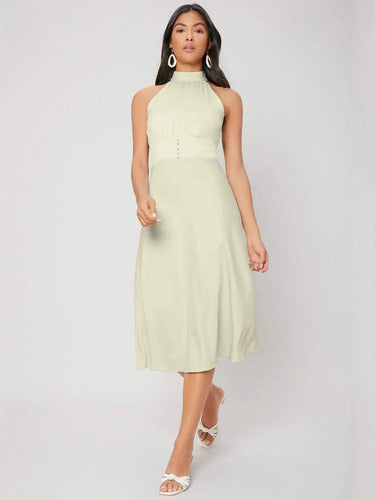 Elegante Vestido Cuello Halter Va 489 Beige S