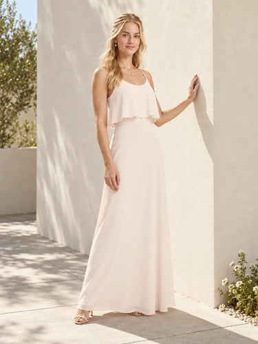 Vestido largo rosa de gasa evasé hombros descubiertos
