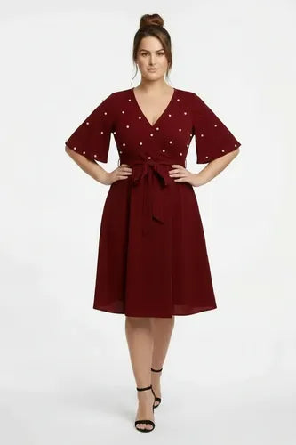Vestido corto multicolor gasa con perlas evasé talla grande