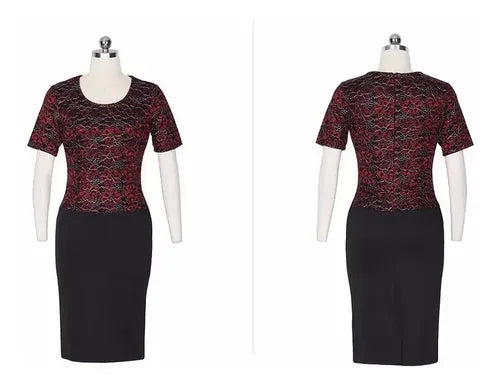 Vestido Oficina Negro Encaje Rojo Manga Corta Va 263 Negro L