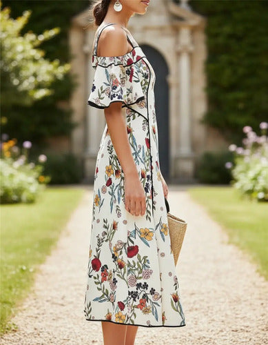 Vestido Floral Boho Hombros  Va 365 Blanco Xs