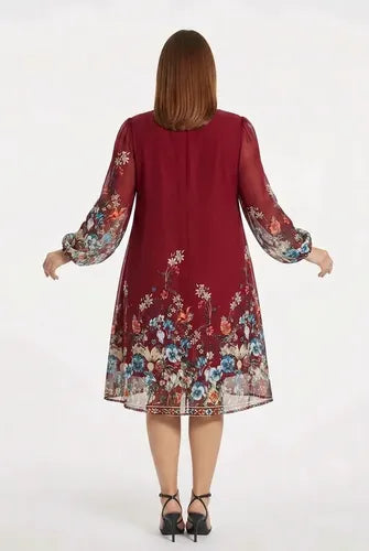 Vestido corto burdeo gasa talla grande manga larga