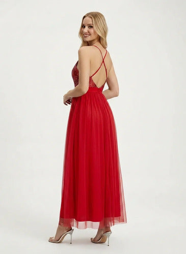 Vestido largo multicolor tul y lentejuelas evasé