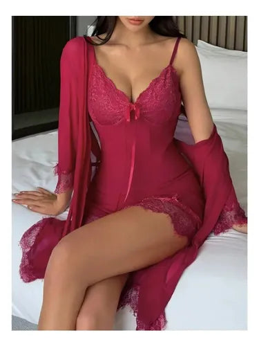 Camisón Y Bata Lencería Set De Pijama Babydolls Pj 13 Rojo Xl