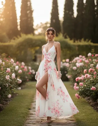 Vestido Gasa Floral Escote Forrado Fiesta Graduación Vd 106 Blanco S